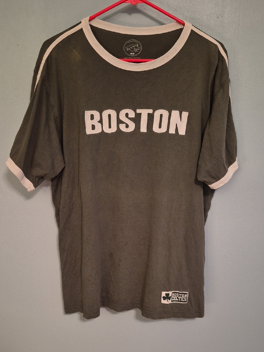 Boston Celtics Shirt, Olive Green With White Trim